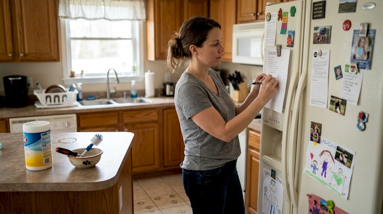 Woman updating appliance maintenance checklist in kitchen