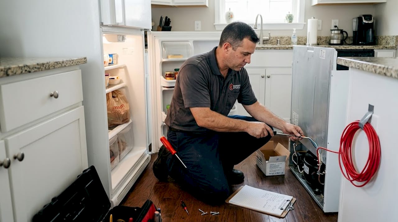 Technician repairing refrigerator in bright kitchen
