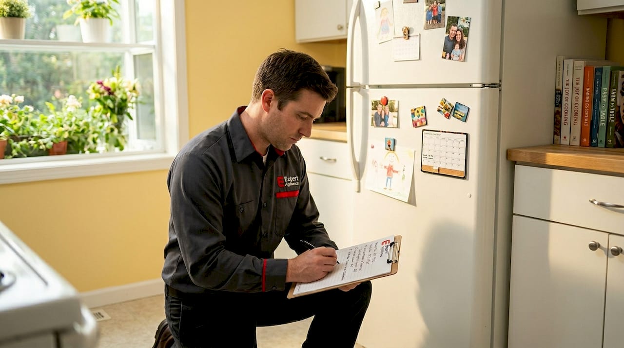 Technician working on kitchen refrigerator repair